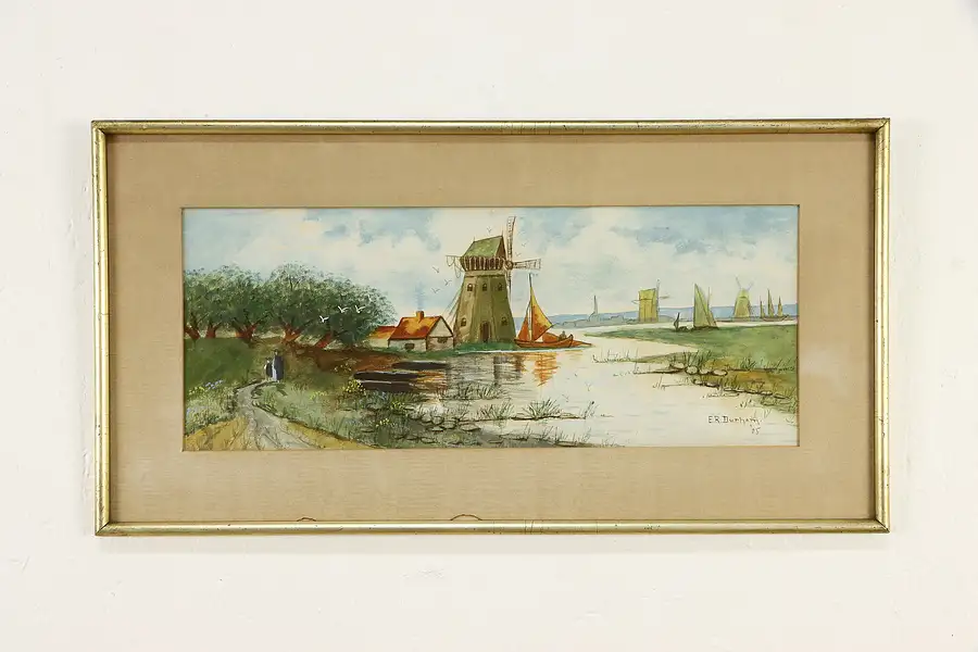 Main image of Dutch Scene Windmill & Boats Original Watercolor Painting 1905 Durham 22"