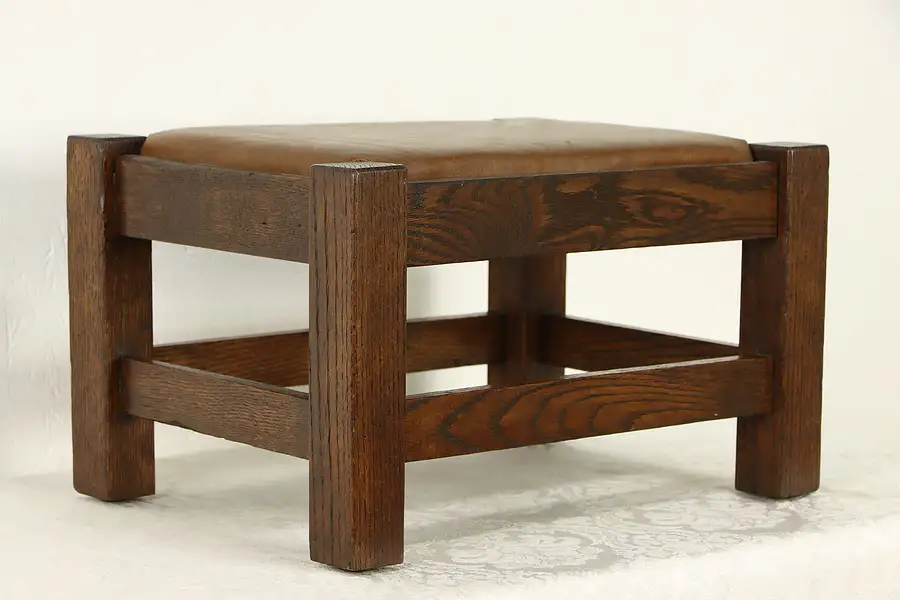 Main image of Mission Oak Arts & Crafts Antique Craftsman Leather Footstool