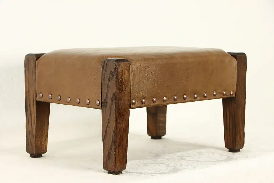 Main image of Mission Oak Arts & Crafts Antique Craftsman Leather Footstool