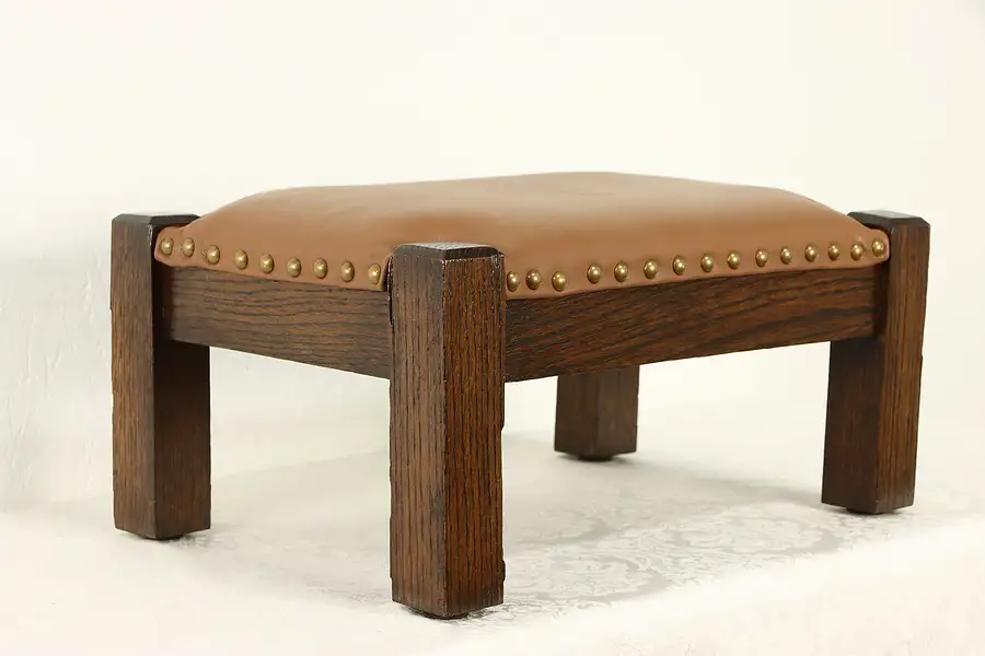 Main image of Mission Oak Arts & Crafts Antique Craftsman Leather Footstool