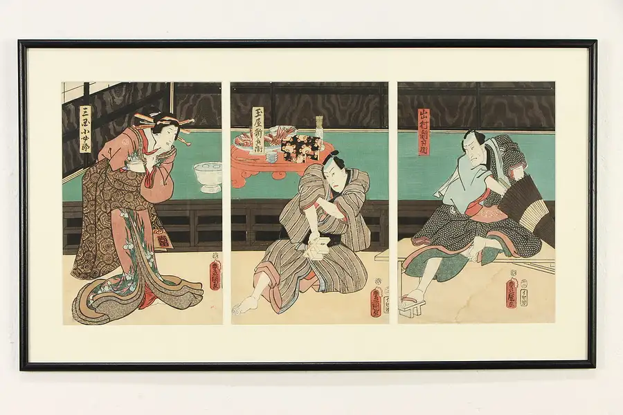 Main image of Kabuki Triptych Scene Antique Japanese Woodblock Print Utagawa 32 1/2"