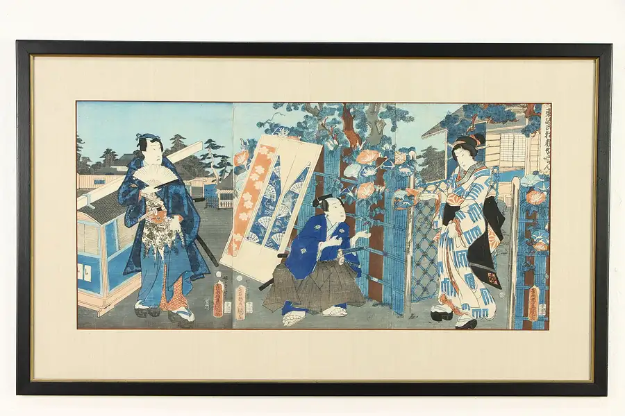 Main image of Garden Scene Antique Japanese Woodblock Triple Print Utagawa 35"