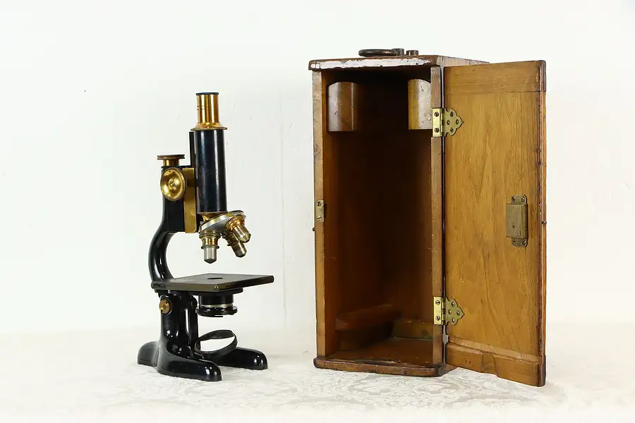 Main image of Brass & Iron Antique Laboratory Microscope, Case, Bausch & Lomb, NY