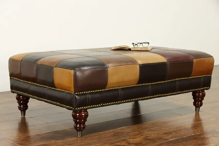 Main image of Patchwork Leather Ottoman, Bench or Stool, Mahogany & Brass Feet 2018