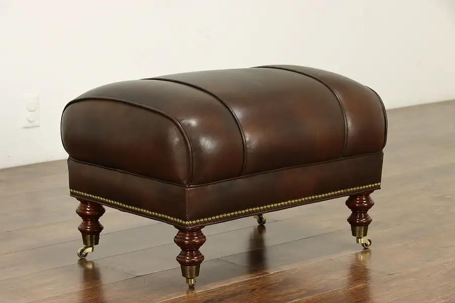 Main image of Leather Vintage Ottoman or Stool, Brass Nailheads, Whittemore Sherrill