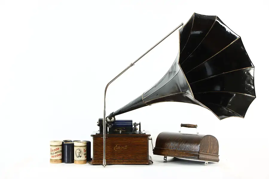 Main image of Edison Standard Antique Record Player Oak Cylinder Phonograph, Witch Horn