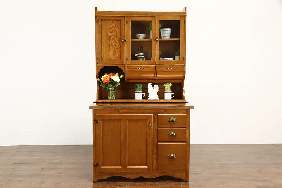 Main image of Hoosier Oak Antique Cabinet Farmhouse Kitchen Pantry Cupboard, Copper Top