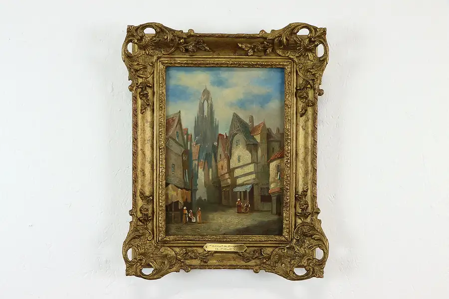 Main image of Street in Bruges Antique Original Oil Painting, Henry Foley 20"