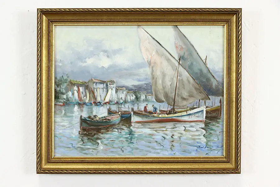 Main image of Sailboats at Harbor Original Vintage Oil Painting, Signed 16"