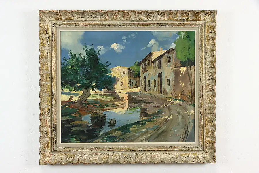 Main image of French Village & Stream Original Vintage Oil Painting, Leron 30 1/2"