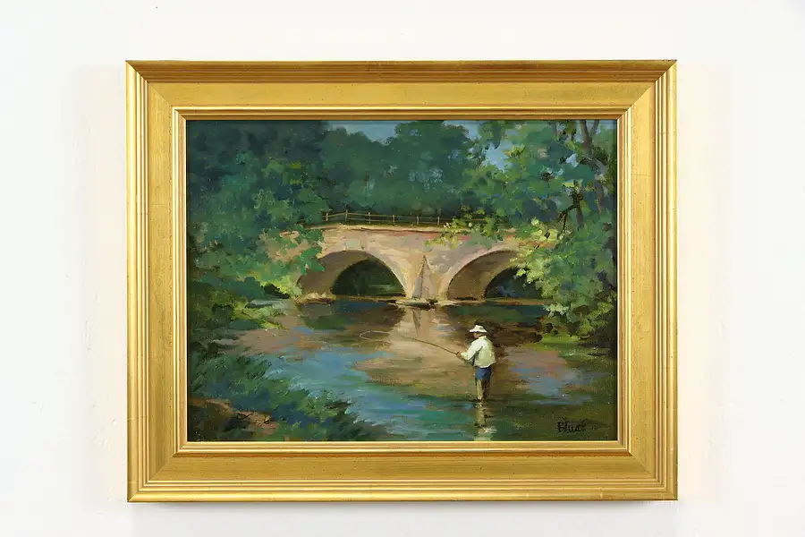 Main image of Fishing in the Breeches Boiling Springs Original Oil Painting E Blust 20"