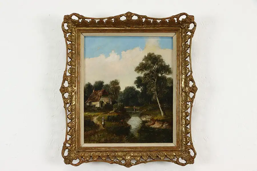 Main image of Victorian Farm & Stream Antique English Original Oil Painting Battler 16"