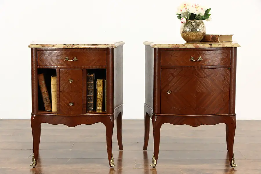 Main image of Pair of Vintage Marquetry Nightstands, Chests, End Tables, Marble Tops