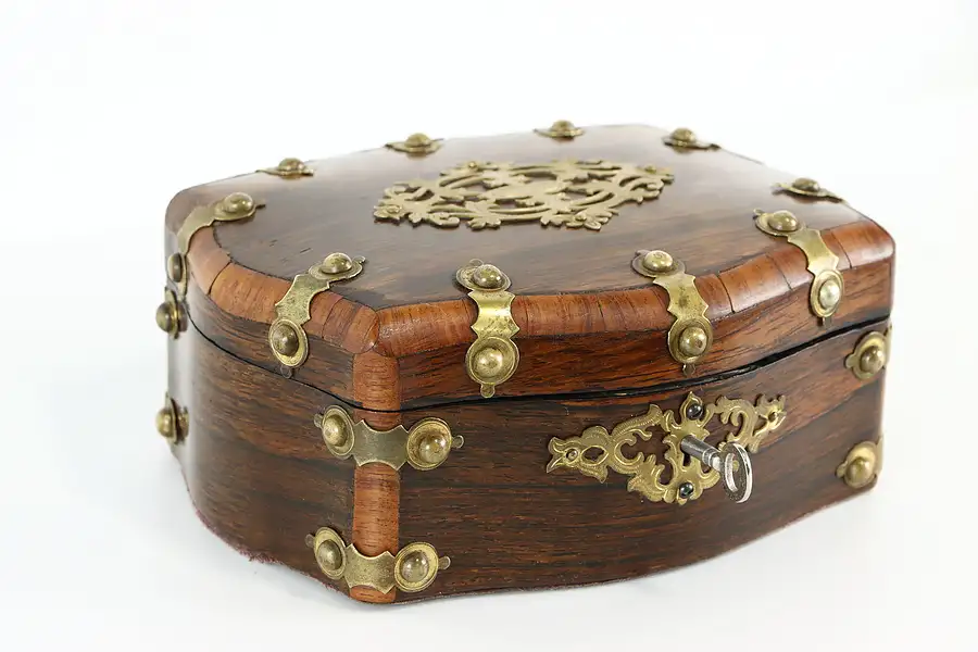 Main image of Victorian Antique Rosewood & Brass Jewelry Chest or Box, Working Lock