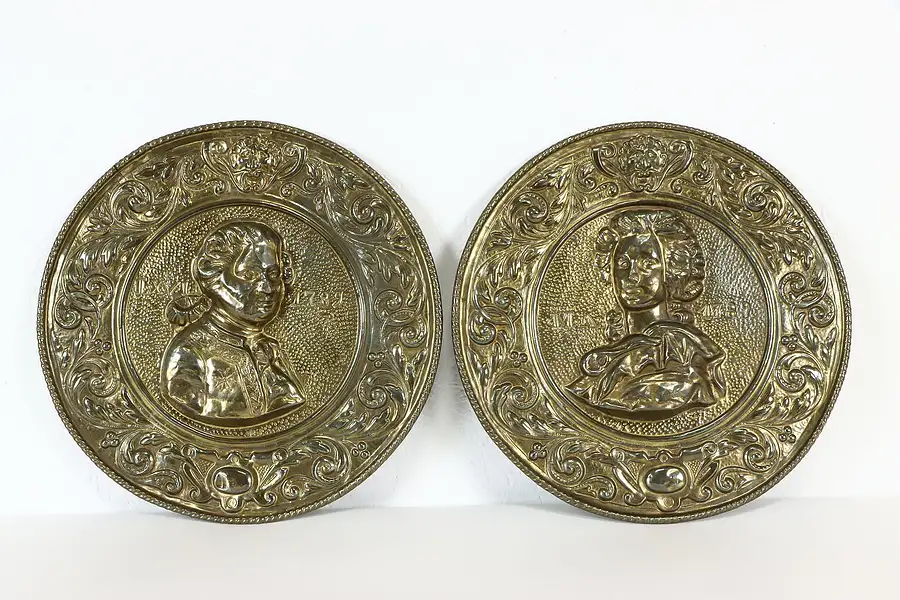 Main image of Pair of French Brass Plaques, King Louis XVI & Marie Antoinette, 13.5"