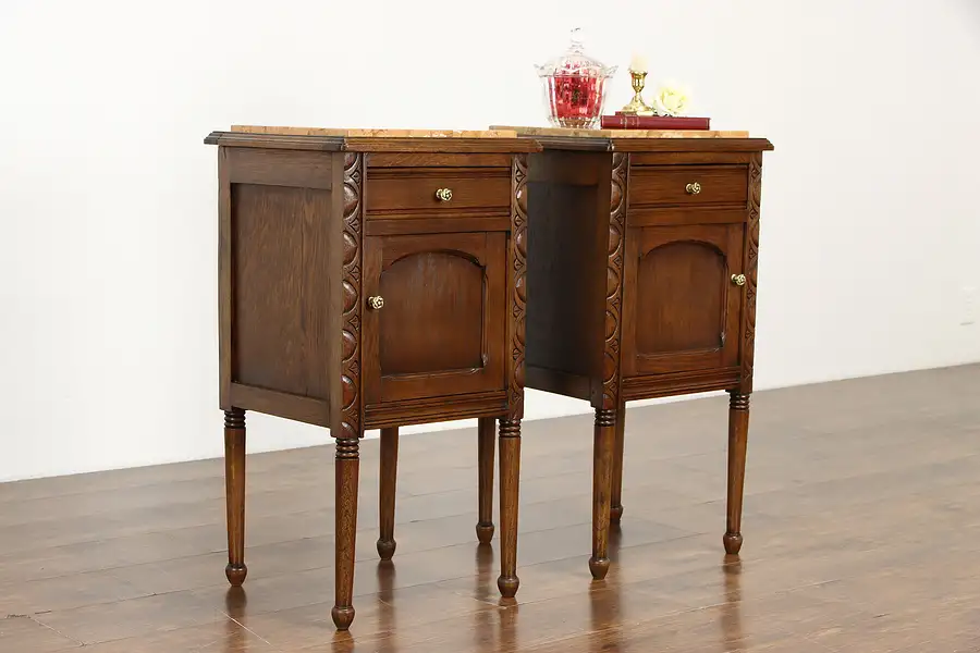 Main image of Pair of Antique French Oak Marble Top Nightstands or End Tables