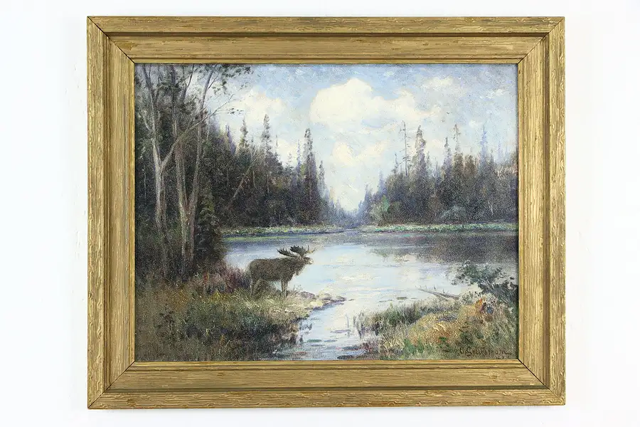 Main image of Moose & Northern Landscape Original Oil Painting 1922 O. Grafstrom 22"