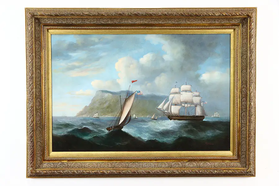 Main image of Seascape & Ships Original Vintage Oil Painting, Marte 45"