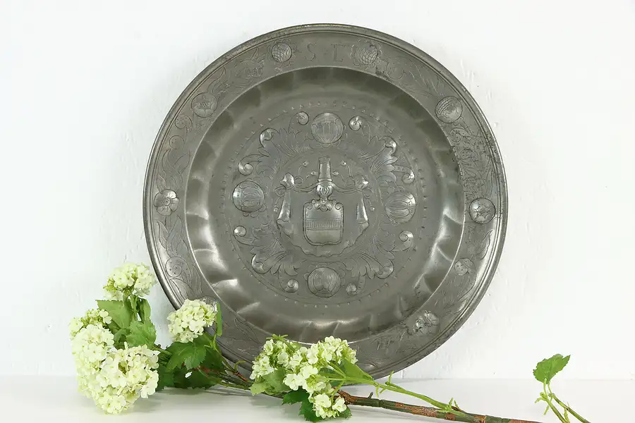 Main image of German Hand Engraved Antique Pewter 1750 Serving Platter Charger, 14.5"