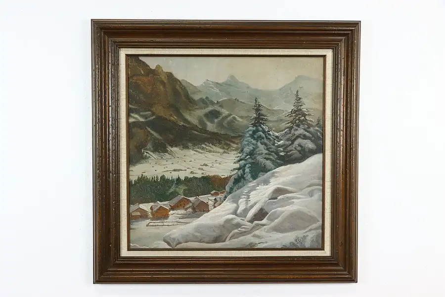 Main image of Winter Village in the Swiss Alps Original Oil Painting 31 1/2" 1919 EU