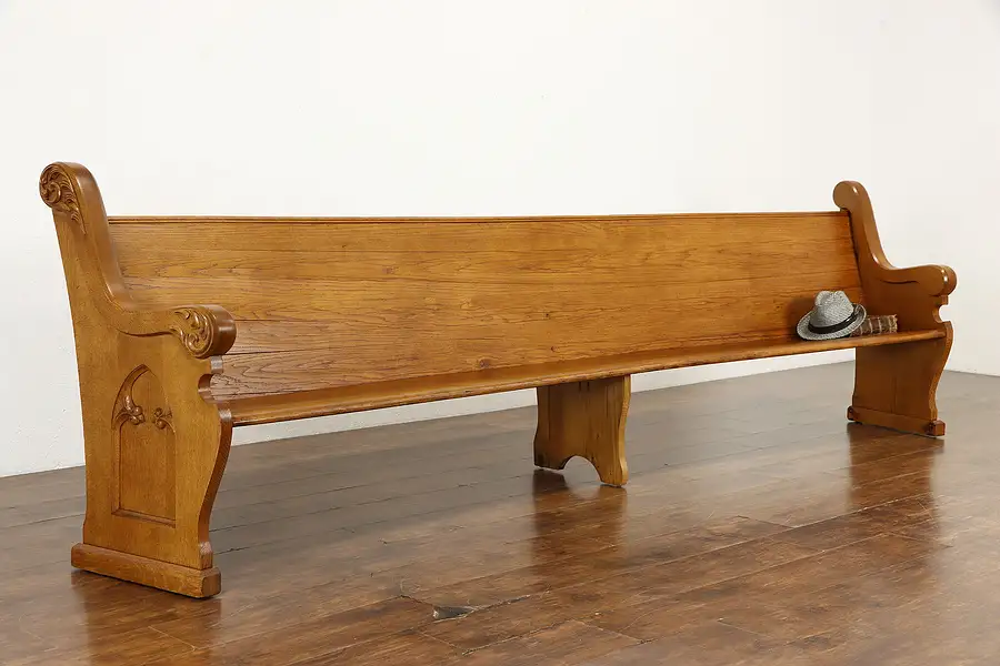 Main image of Victorian Carved Oak 11' 8" Curved Antique Church Pew or Bench