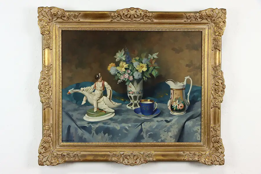 Main image of Still Life with Flowers & Porcelain Original Antique Oil Painting 39"