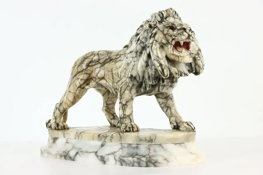 Main image of Marble Antique Italian Carved Lion Sculpture & Marble Base