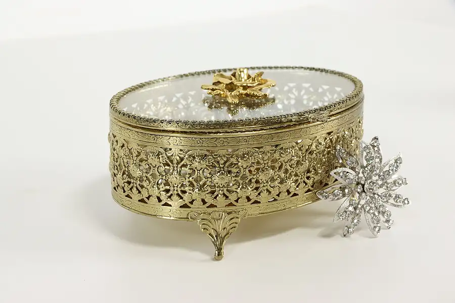 Main image of Gold Plated Filigree Vintage Jewelry Box, Glass & Velvet