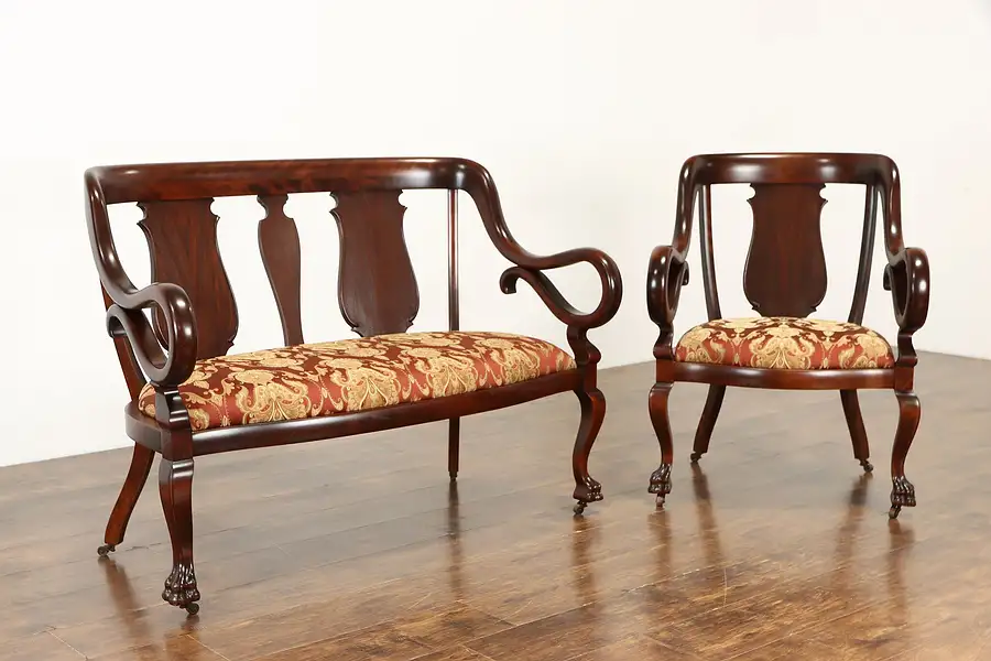 Main image of Empire Antique Parlor Set, Settee or Loveseat & Chair, New Upholstery