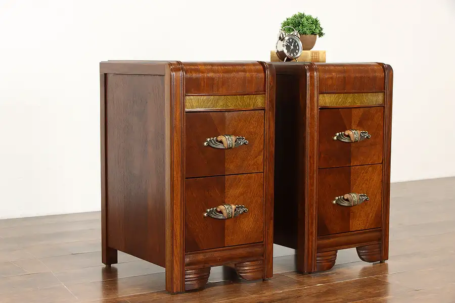 Main image of Pair of Art Deco Waterfall Vintage Nightstands, Bakelite Pulls