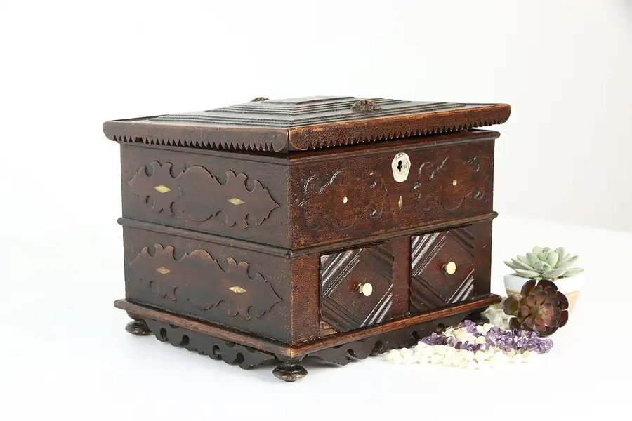 Main image of Tramp or Folk Art Box Antique Carved Farmhouse Jewelry Chest