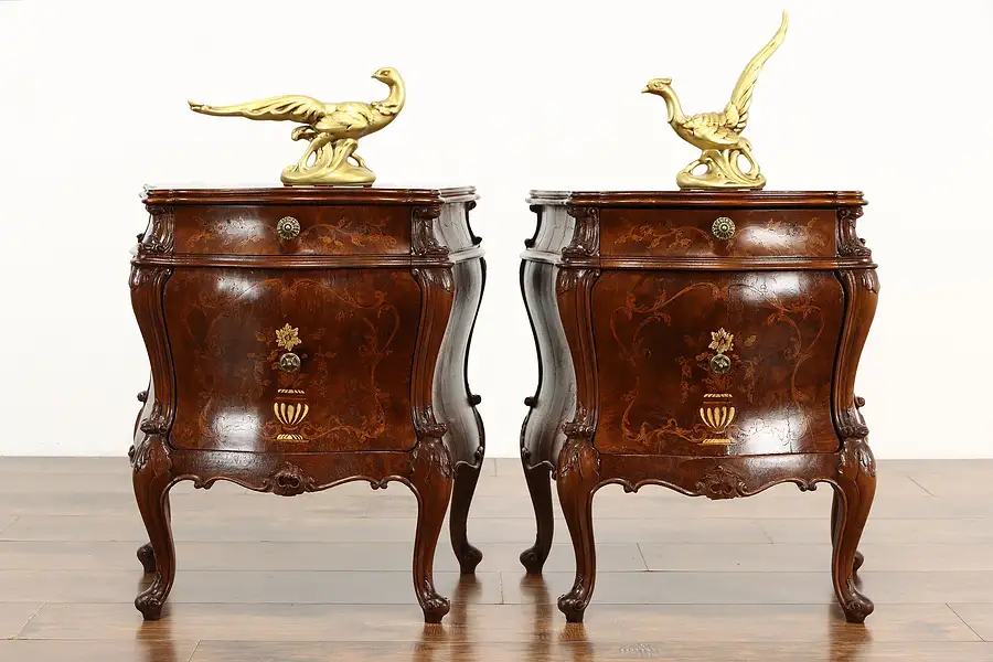 Main image of Pair of Bombe & Marquetry Antique Italian Chests, Nightstands, End Tables