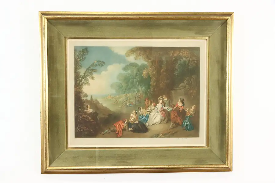 Main image of The Picnic Party Antique Mezzotint Print, Signed Arthur Cox 30 1/2"