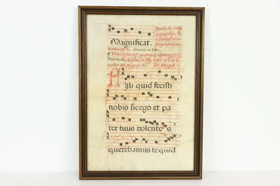 Main image of Musical Antique 1600's Latin Manuscript, Hand Painted Vellum, Framed 22"