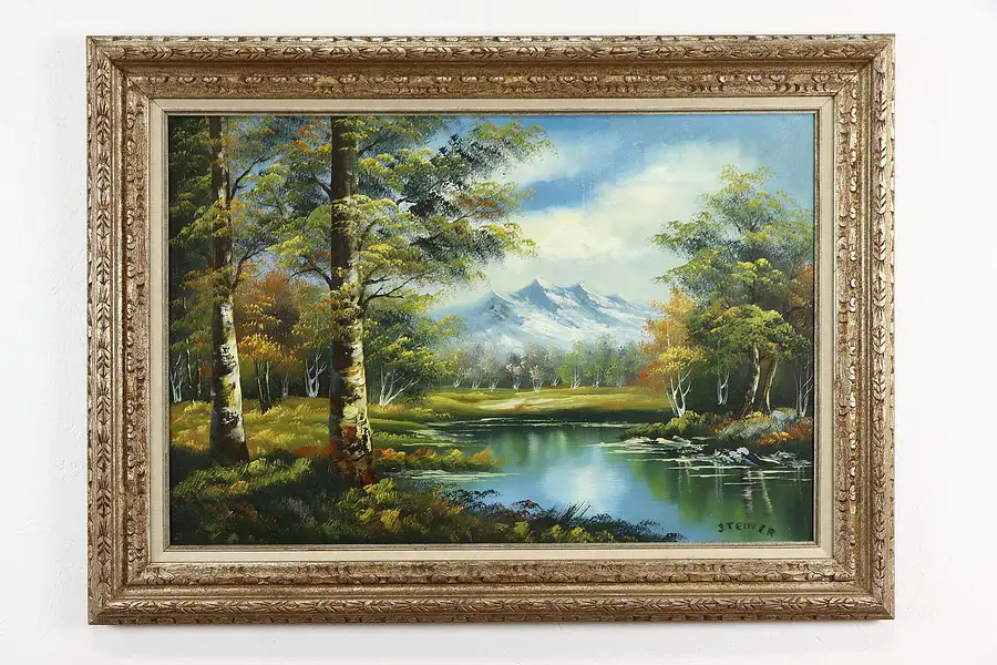 Main image of Forest & Snow Capped Mountain, Vintage Original Oil Painting Steiner 45"