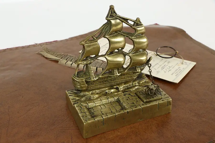 Main image of Brass Antique Clipper Ship Inkwell & Penholder