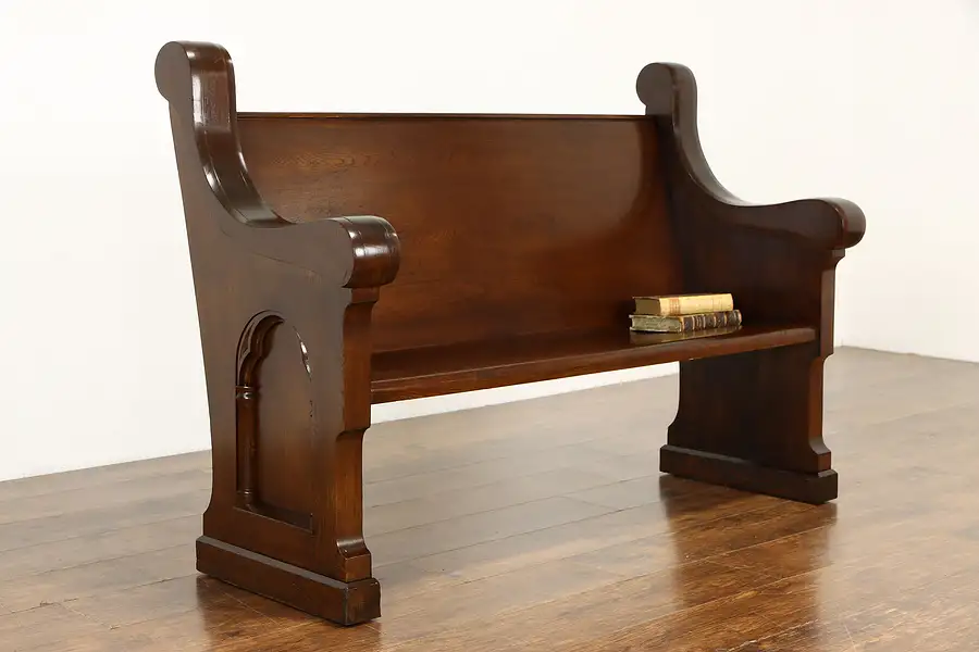 Main image of Gothic Carved Antique Oak & Elm Church Pew or Bench