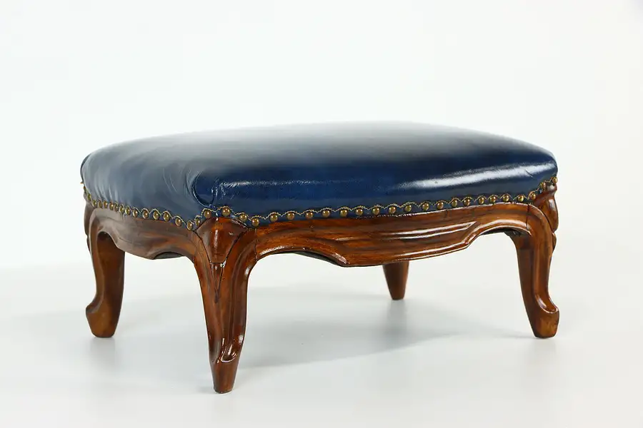 Main image of Leather Vintage Carved Mahogany Foot Stool, Brass Nailhead Trim