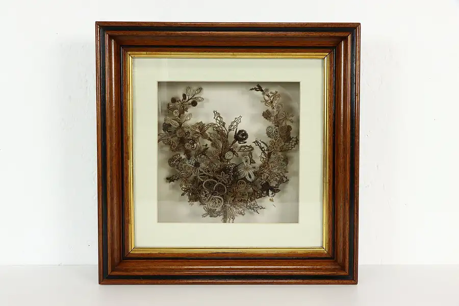 Main image of Victorian Antique Farmhouse Hair Wreath in Walnut Shadow Box 15"