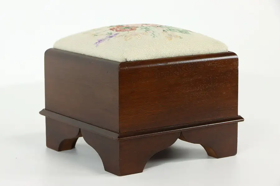 Main image of Mahogany Farmhouse Vintage Miniature Stool, Hand Stitched Petit Point