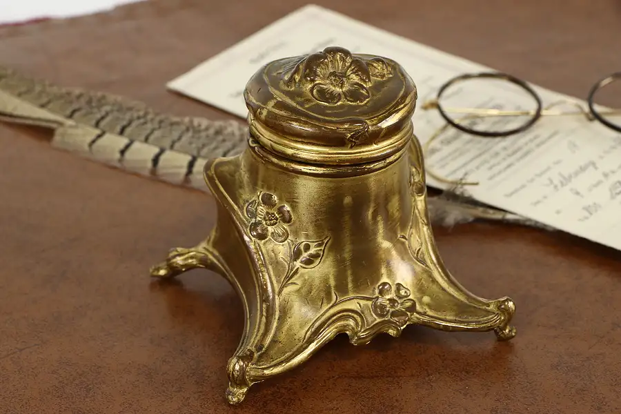 Main image of Art Nouveau Antique Gilt Inkwell, Glass Liner