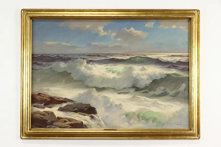 Main image of Crashing Waves Vintage Original Oil Painting, 1944 Alphonse Shelton 41"