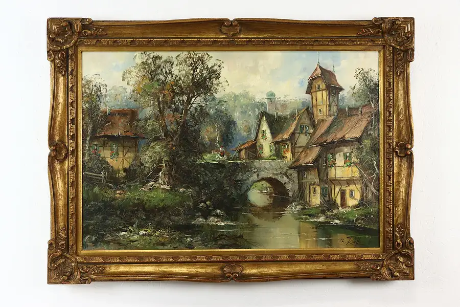 Main image of European Village & Bridge Original Vintage Oil Painting, Th. Kurtten 43"