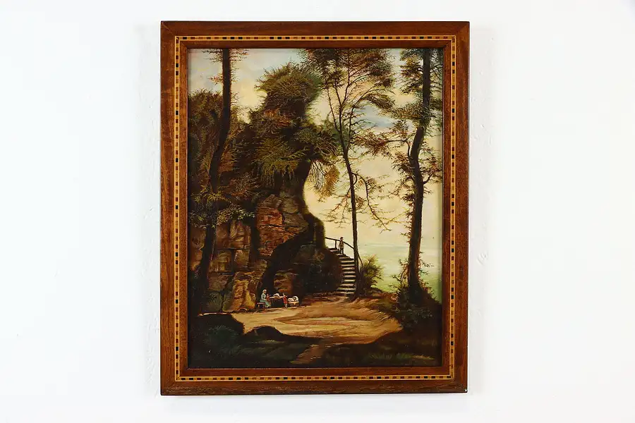 Main image of Mountain Picnic Antique Original Oil Painting, ES, Marquetry Frame 18.5"