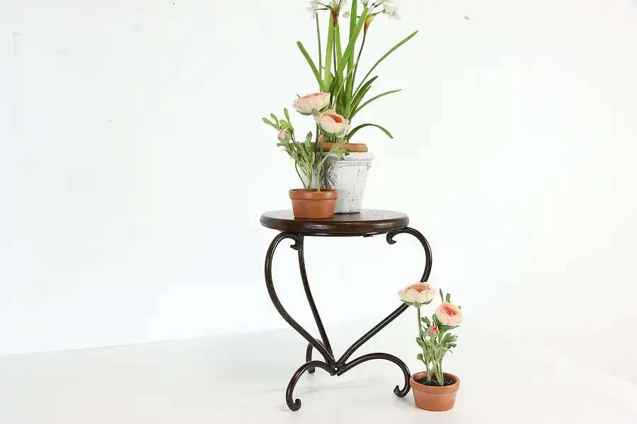 Main image of Wrought Iron Base Vintage Plant Stand or Pedestal, Oak Top