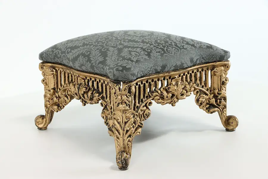 Main image of Victorian Design Vintage Cast Iron Filigree Foot Stool, New Upholstery