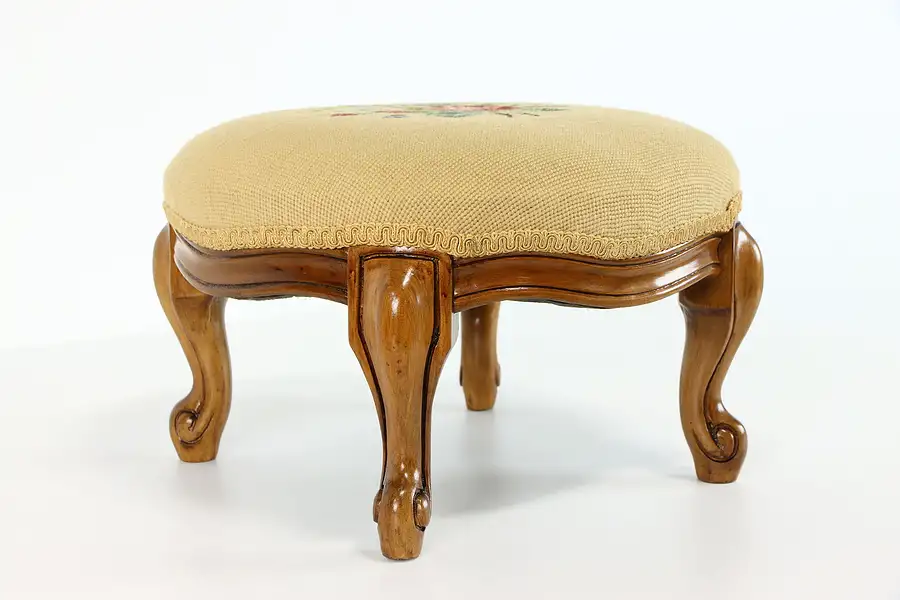 Main image of Farmhouse Fruitwood Vintage Footstool, Needlepoint Upholstery