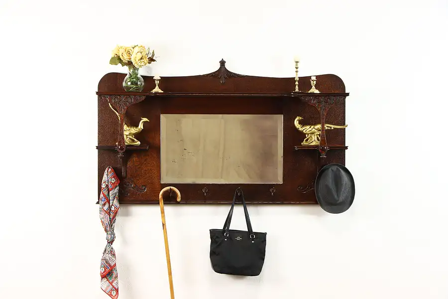 Main image of Victorian Antique Oak Wall Mirror,& Shelf, Hat Hooks