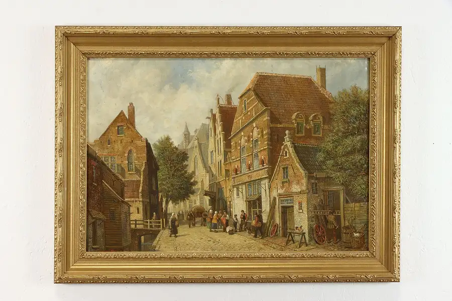 Main image of Village in Flanders Original Antique Oil Painting, John Henry Martyn 36"