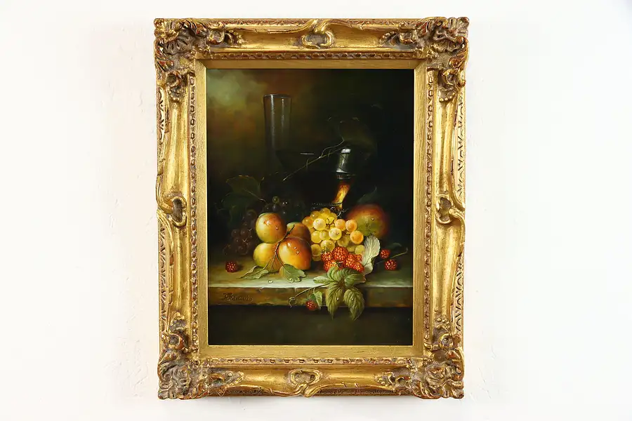 Main image of Wine & Fruit Original Antique Still Life Oil Painting, Francois 21 1/2"